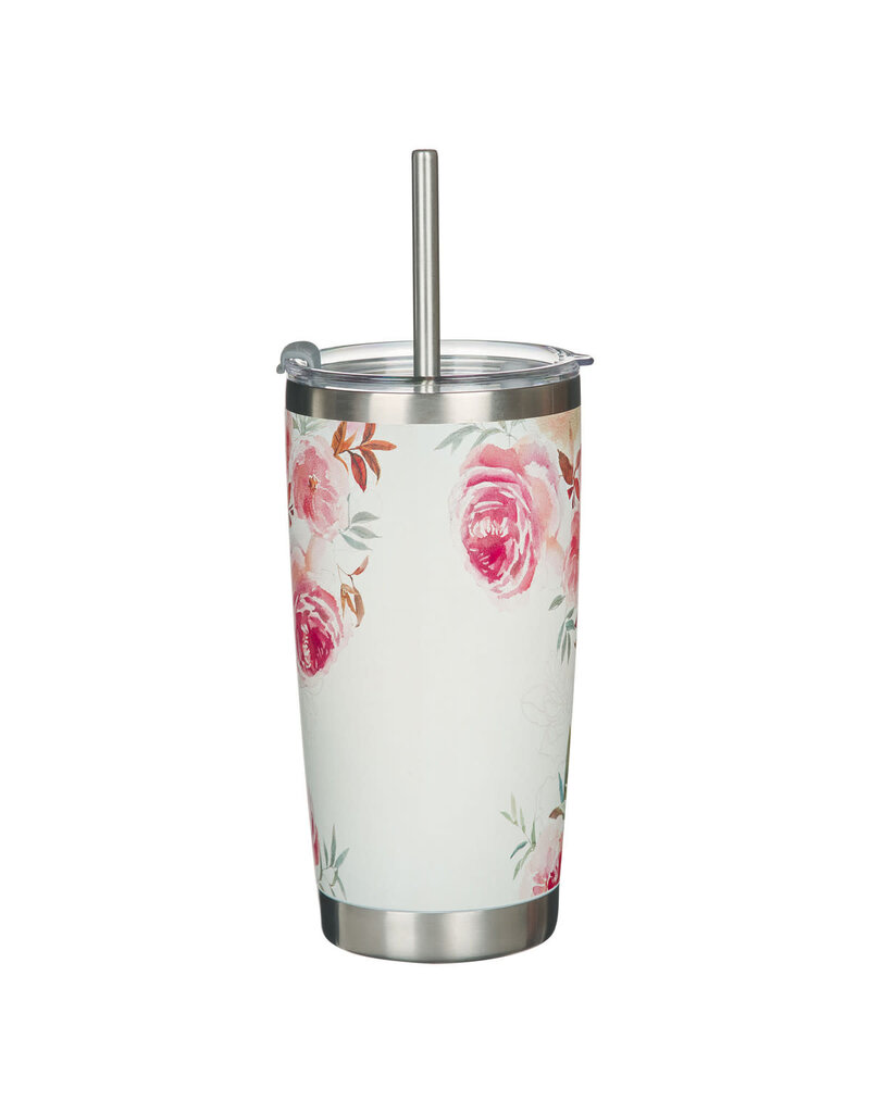Be Still and Know Bright Floral Stainless Steel Travel Tumbler with Stainless Steel Straw - Psalm 46:10