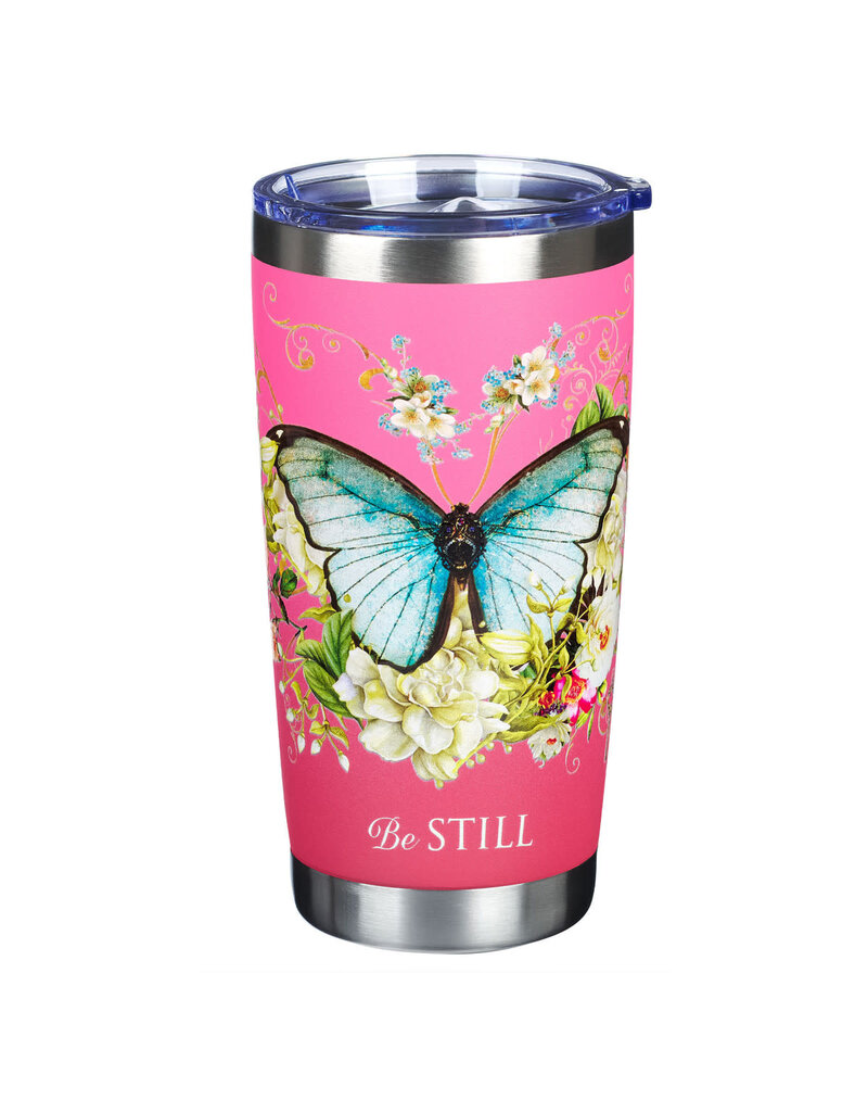 Pink Be Still Butterfly Stainless Steel Travel Tumbler - Psalm 46:10