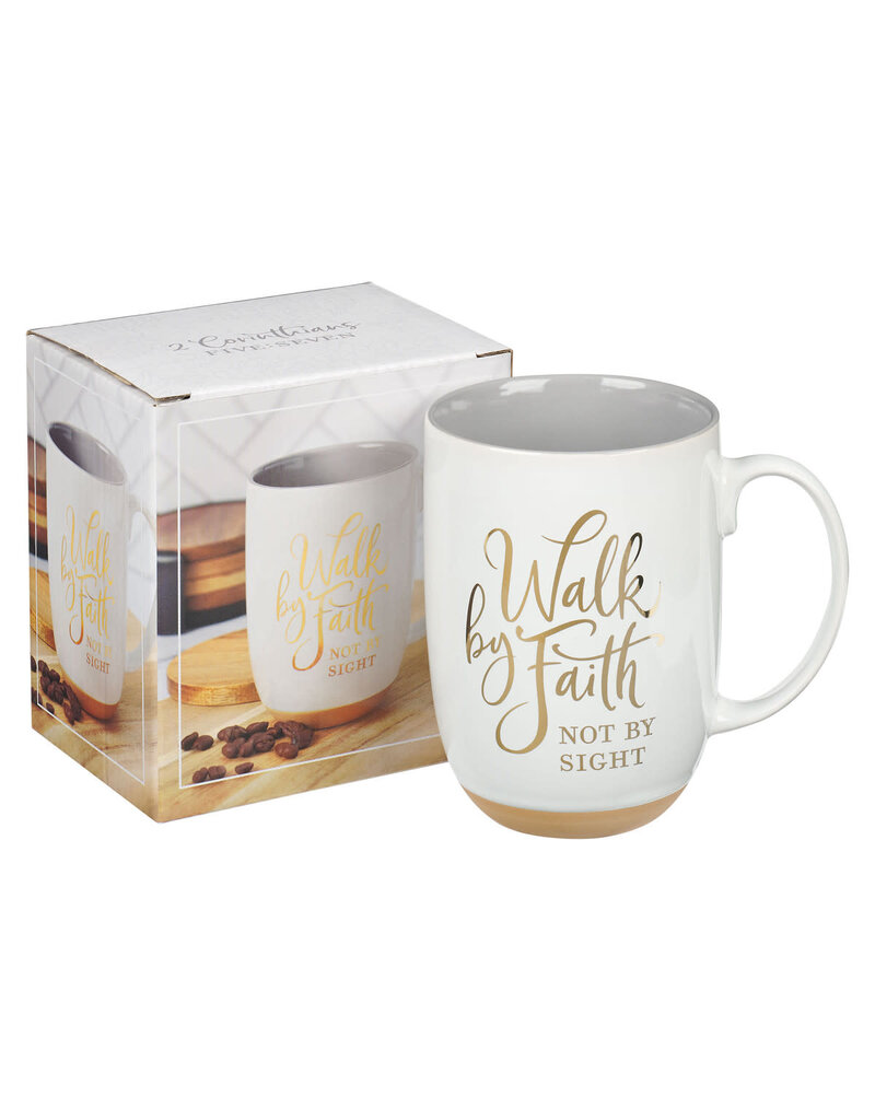 Walk By Faith White Ceramic Coffee Mug with Exposed Clay Base - 2 Corinthians 5:7