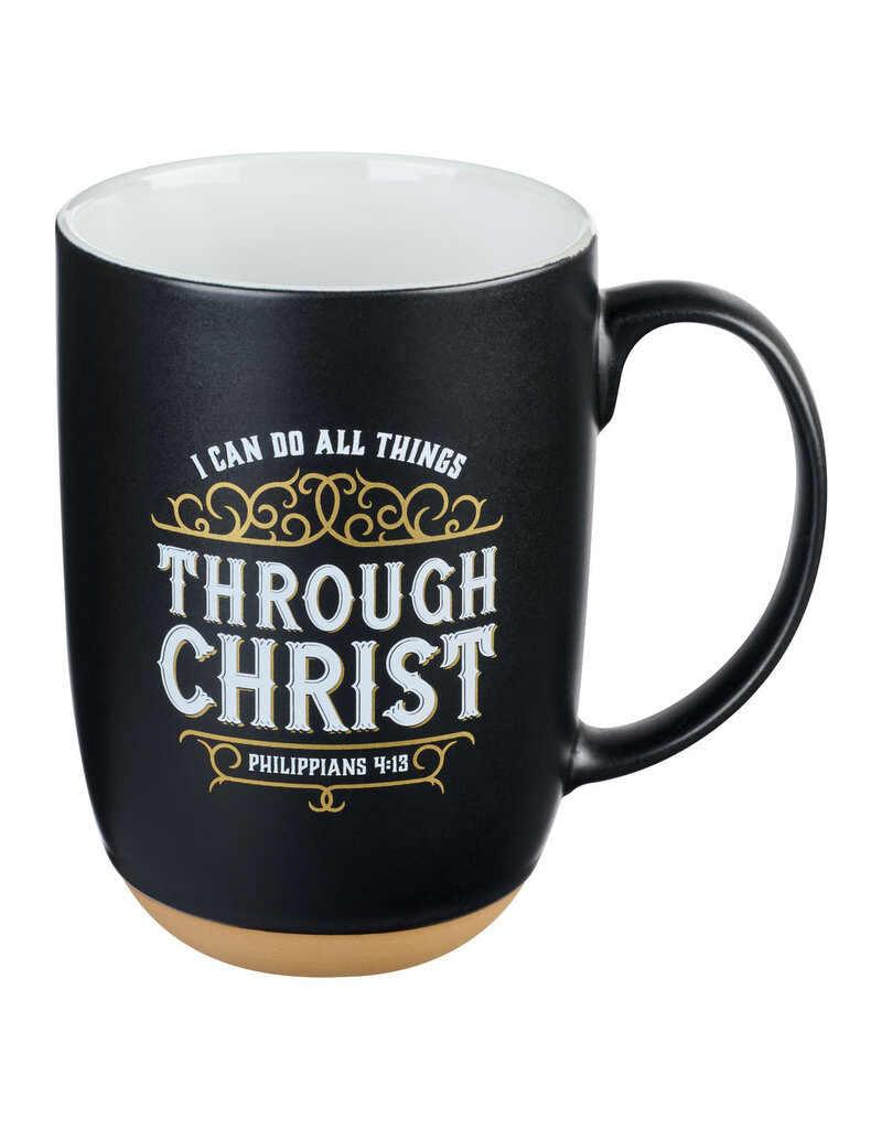 Through Christ Black Ceramic Coffee Mug with Exposed Clay Base - Philippians 4:13