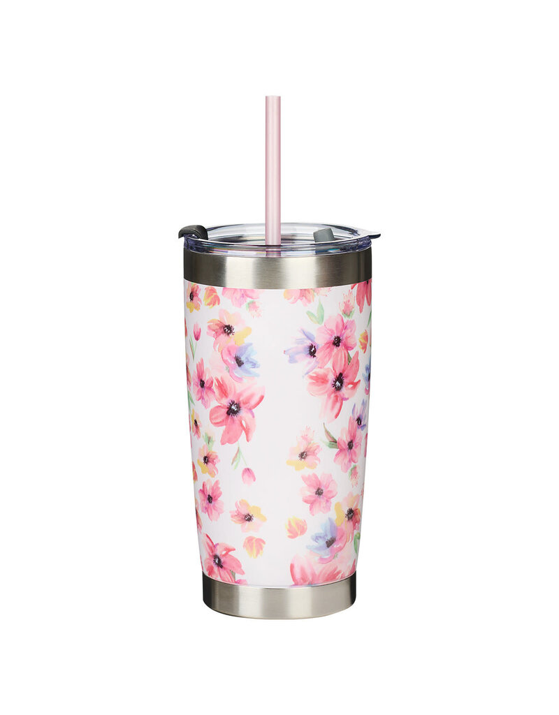 Kindness Matters Pink Cosmos Stainless Steel Travel Mug with Reusable Straw