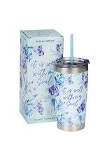 It Is Well With My Soul Purple Posies Stainless Steel Travel Mug with Reusable Straw