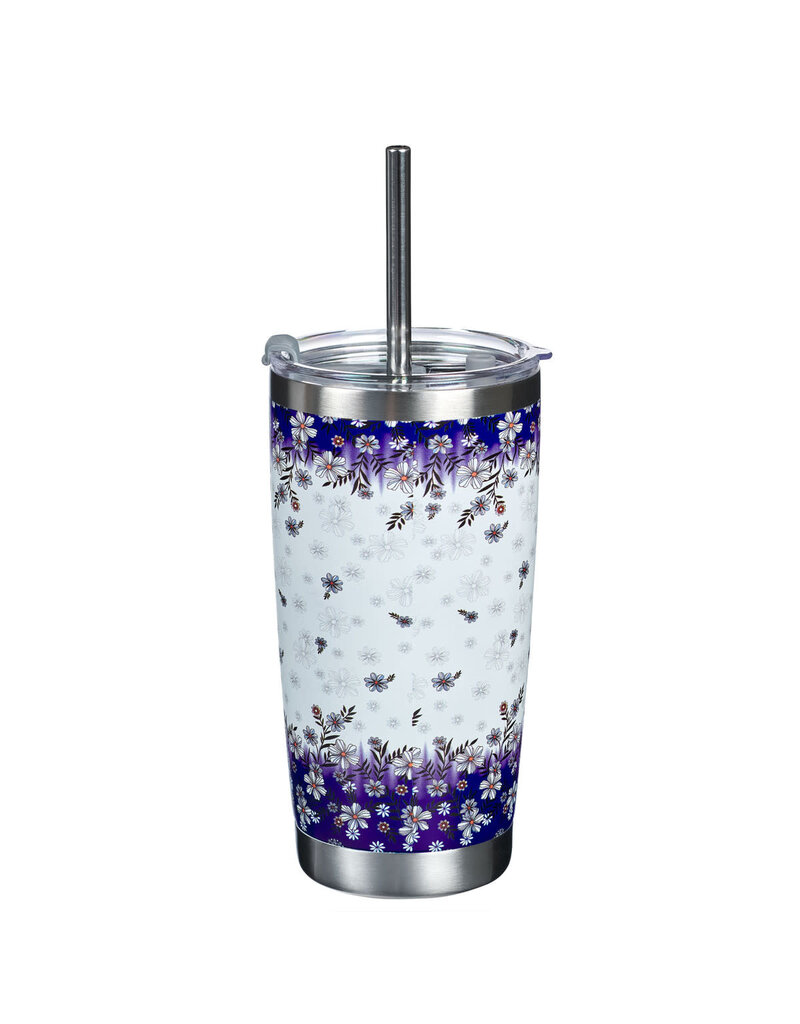 Be Still & Know Blue Floral Stainless Steel Travel Mug with Reusable Stainless Steel Straw - Psalm 46:10