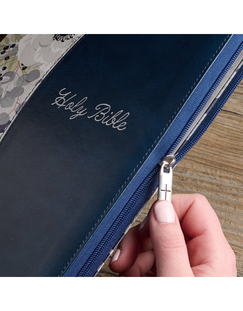 Blue Pearlized Floral Faux Leather Large Print Thinline K J V Bible with Zippered Closure and Thumb Index