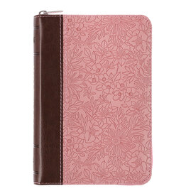 Pink and Toffee Brown Faux Leather Mini Pocket KJV Bible with Zippered Closure