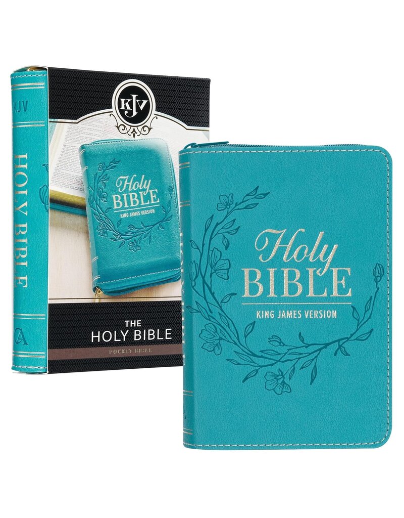 Aqua Faux Leather King James Version Pocket Bible with Zipper Closure