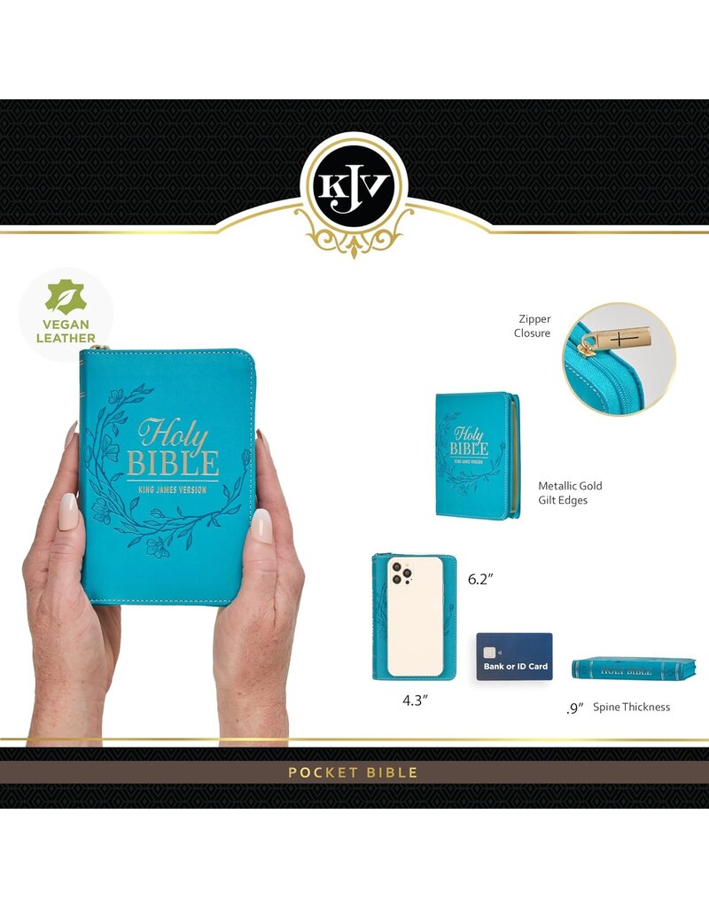 Aqua Faux Leather King James Version Pocket Bible with Zipper Closure