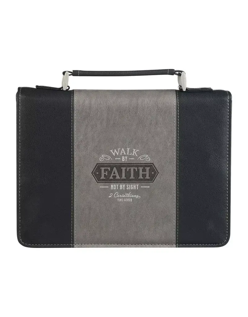 Walk by Faith Black and Gray Faux Leather Classic Bible Cover - 2 Corinthians 5:7