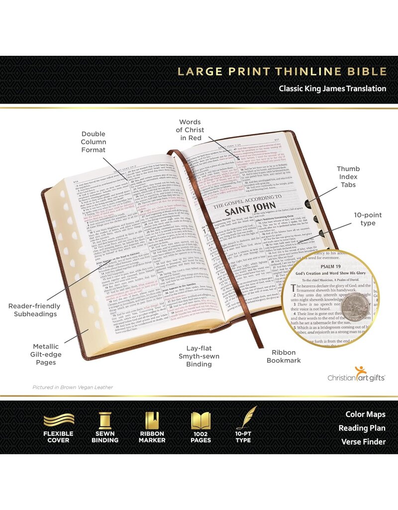 White and Gold Faux Leather Large Print Thinline King James Version Bible with Zippered Closure and Thumb Index