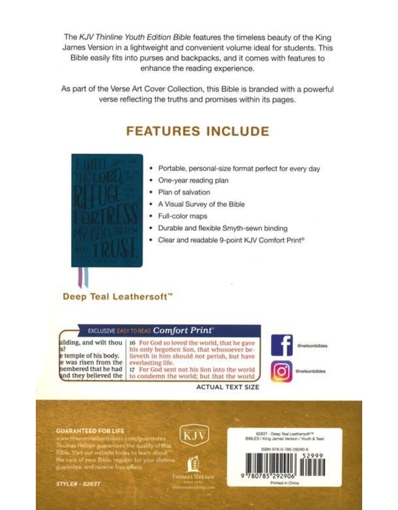 Holy Bible: Thinline Youth Edition, Teal Leathersoft, Red Letter, Comfort Print: KJV (Verse Art Cover Collection)