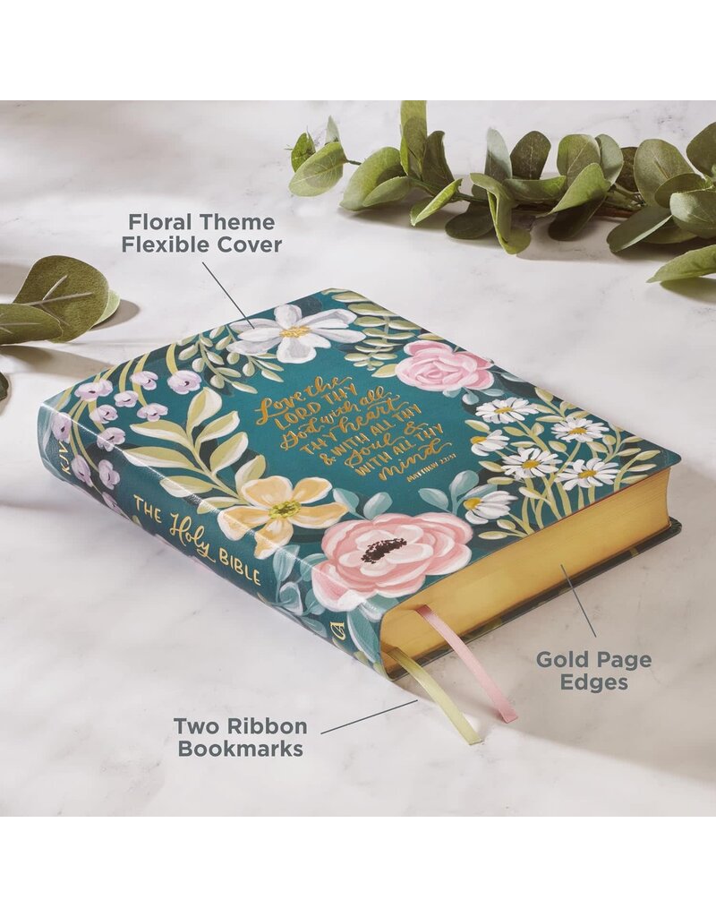Teal Floral Ally Collection Large Print Faux Leather King James Version Note-taking Bible - Matthew 22:37