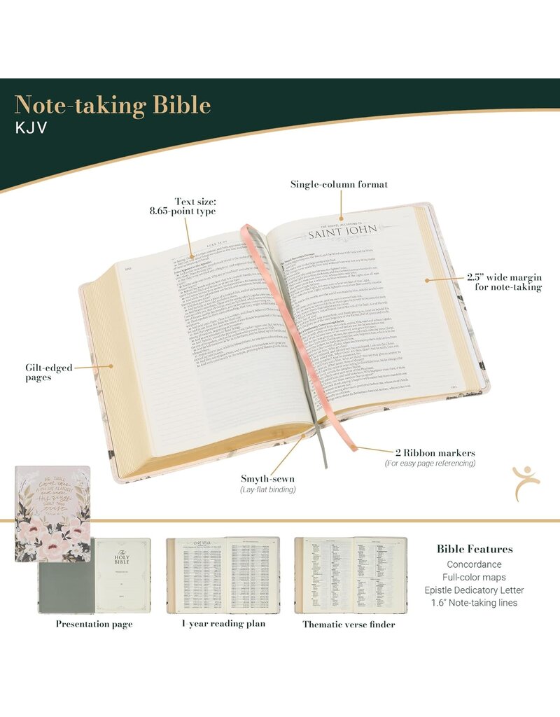 Cream Floral Faux Leather KJV Note-taking Bible - Psalm 91:4