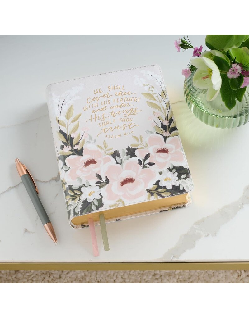 Cream Floral Faux Leather KJV Note-taking Bible - Psalm 91:4
