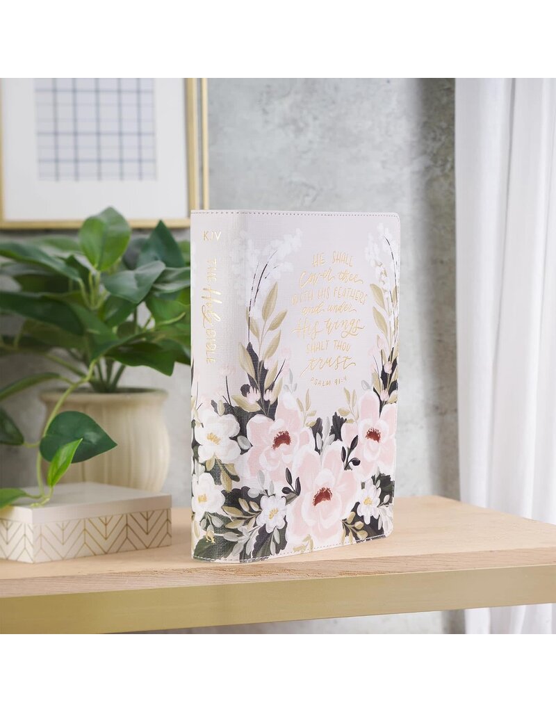 Cream Floral Faux Leather KJV Note-taking Bible - Psalm 91:4