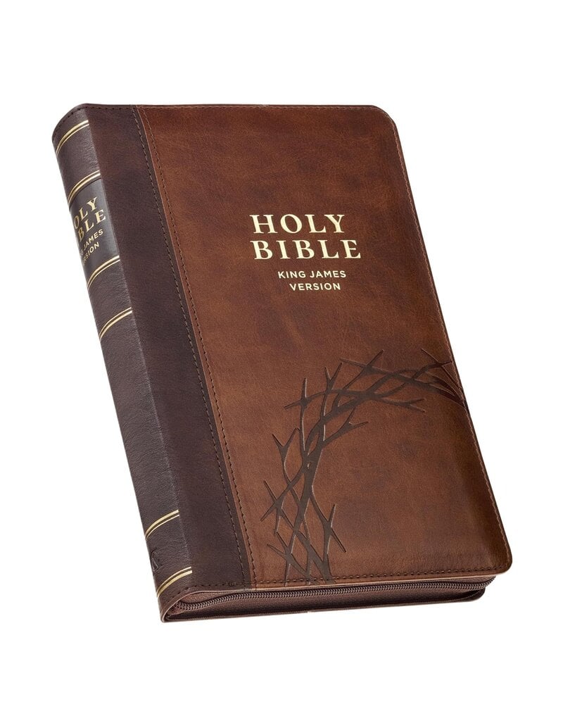 Crown of Thorns Two-tone Brown Faux Leather King James Version Deluxe Gift Bible with Thumb Index and Zipper Closure