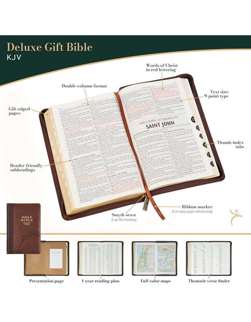 Crown of Thorns Two-tone Brown Faux Leather King James Version Deluxe Gift Bible with Thumb Index and Zipper Closure