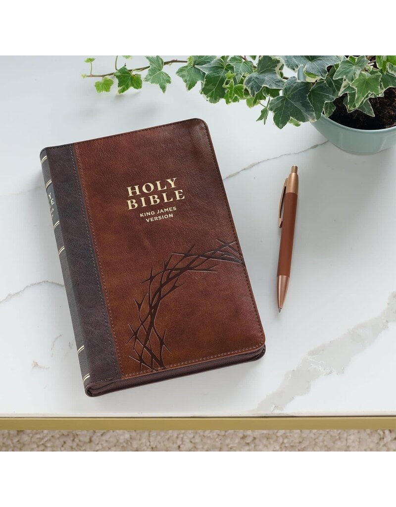 Crown of Thorns Two-tone Brown Faux Leather King James Version Deluxe Gift Bible with Thumb Index and Zipper Closure