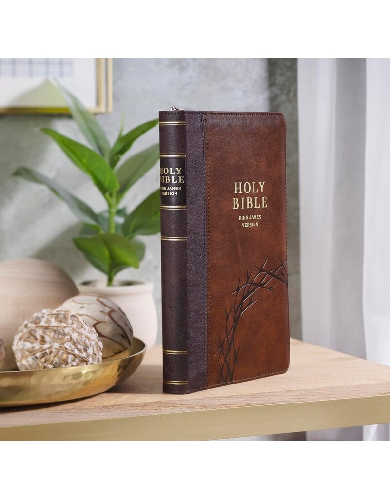 Crown of Thorns Two-tone Brown Faux Leather King James Version Deluxe Gift Bible with Thumb Index and Zipper Closure