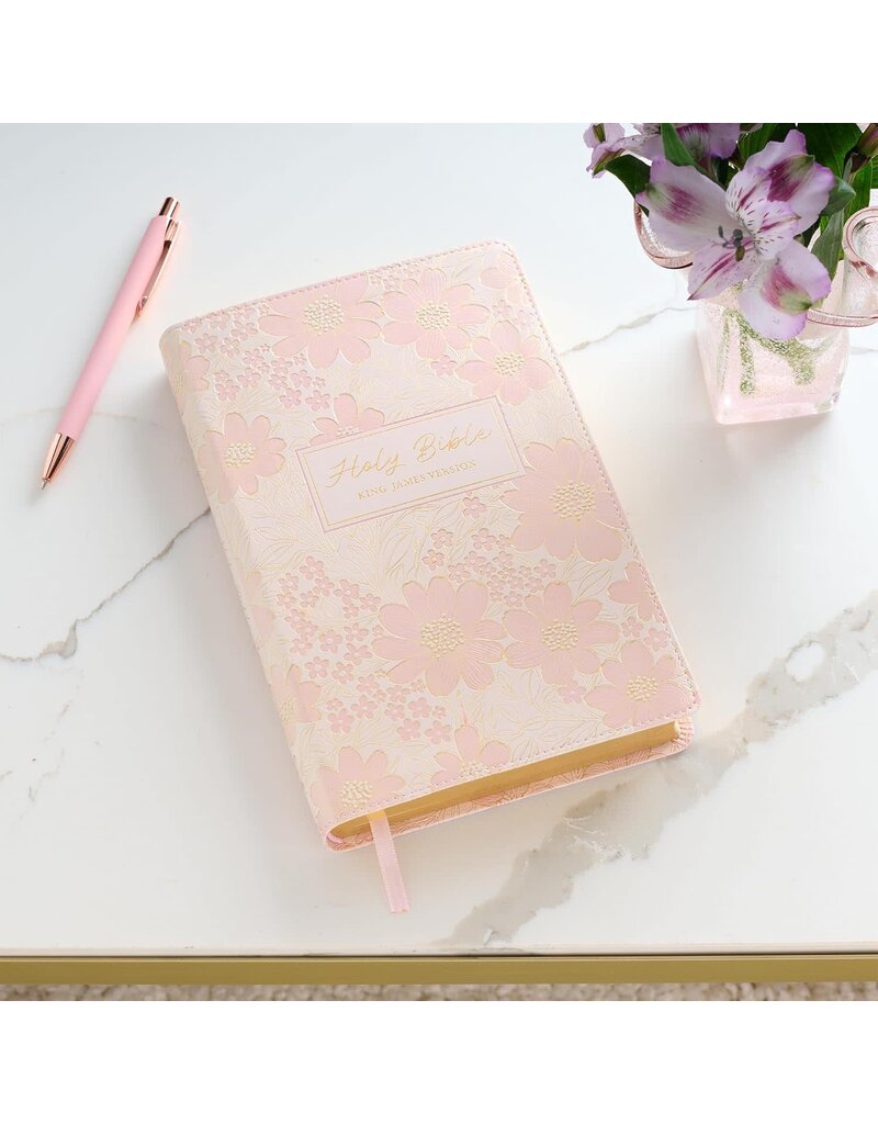 Pale Pink Floral Faux Leather King James Version Deluxe Gift Bible with Thumb Index