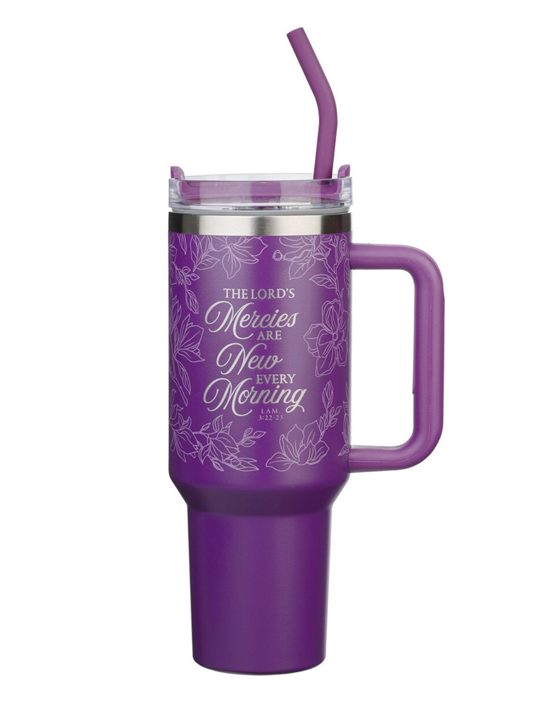 New Mercies Purple Floral 40 oz Stainless Steel Tumbler with Straw - Lamentations 3:22-23
