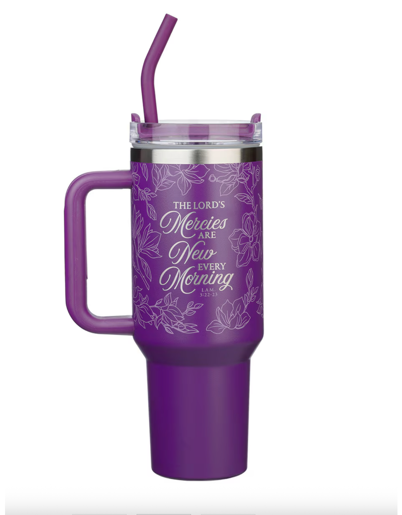 New Mercies Purple Floral 40 oz Stainless Steel Tumbler with Straw - Lamentations 3:22-23