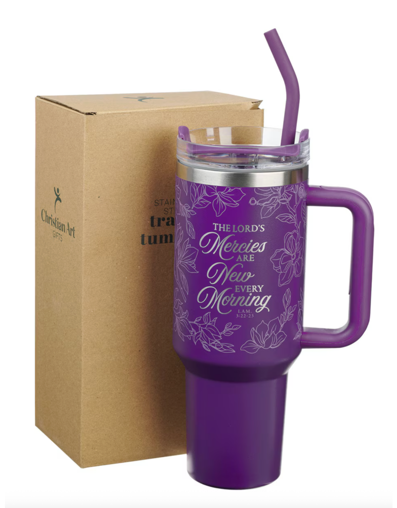 New Mercies Purple Floral 40 oz Stainless Steel Tumbler with Straw - Lamentations 3:22-23