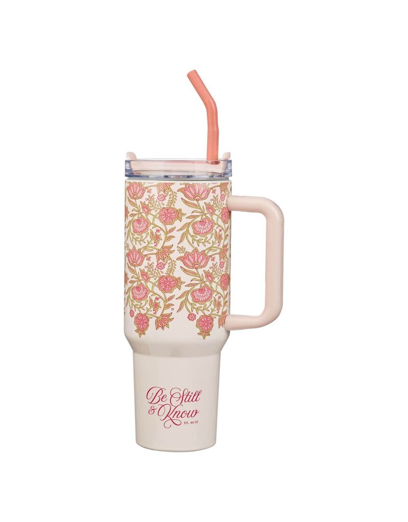 Be Still and Know Pink Spring Floral 40 Oz Tumbler with Reusable Straw - Psalm 46:10
