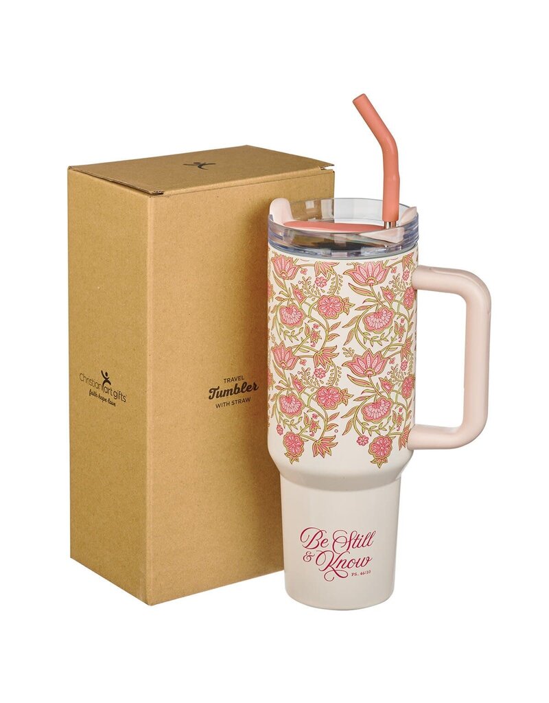 Be Still and Know Pink Spring Floral 40 Oz Tumbler with Reusable Straw - Psalm 46:10