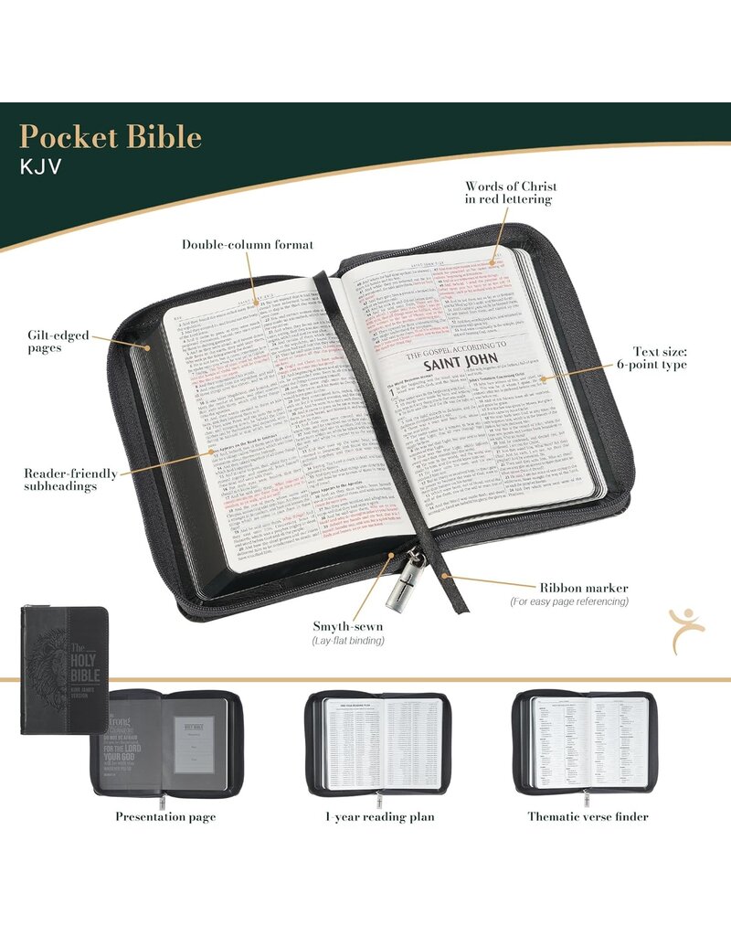 Gray Lion Faux Leather King James Version Pocket Bible with Zipper Closure