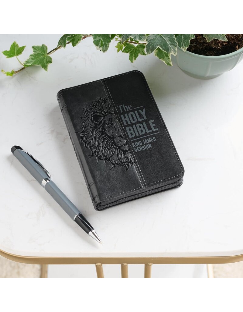 Gray Lion Faux Leather King James Version Pocket Bible with Zipper Closure