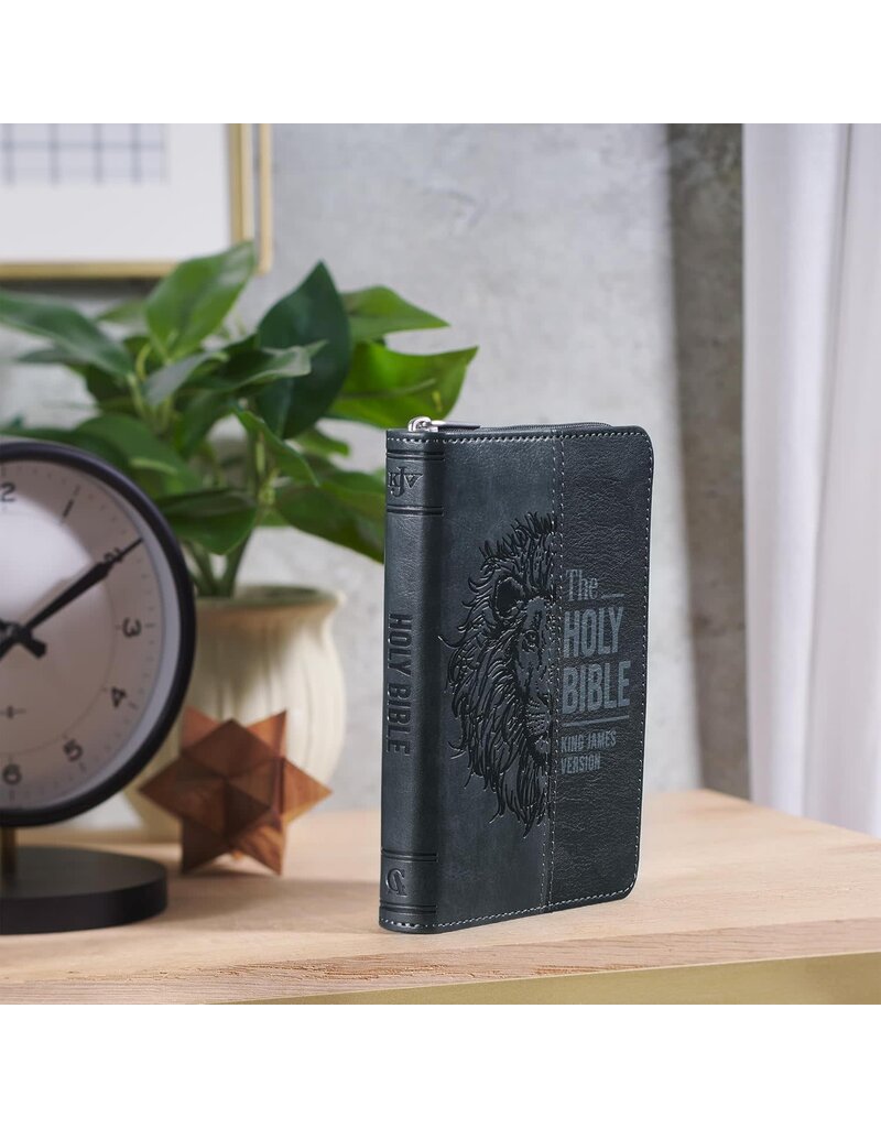Gray Lion Faux Leather King James Version Pocket Bible with Zipper Closure