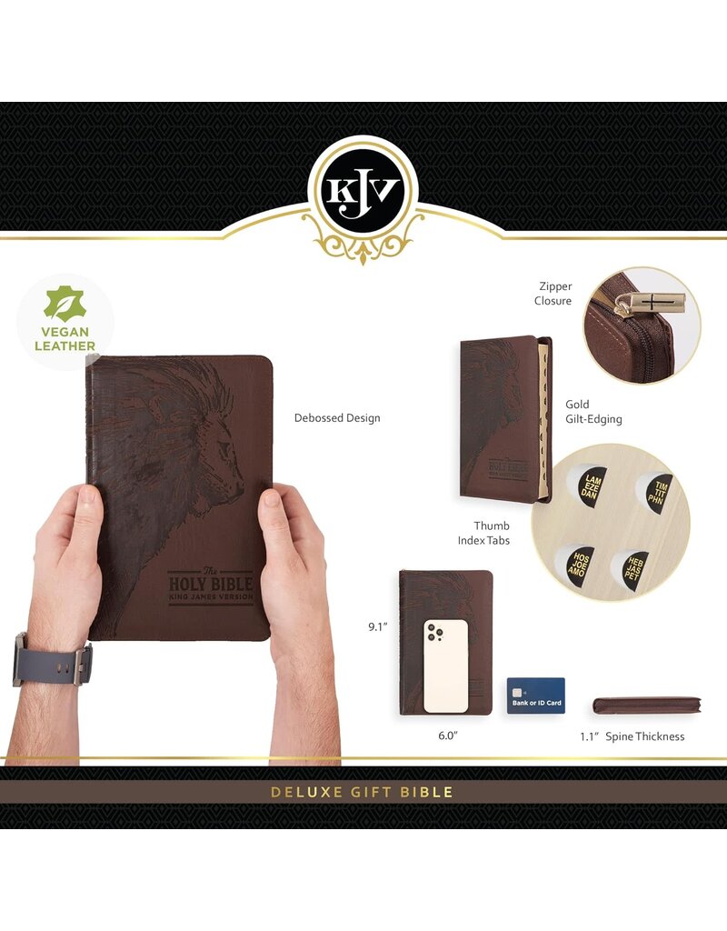 Walnut Brown Faux Leather King James Version Deluxe Gift Bible with Thumb Index and Zippered Closure