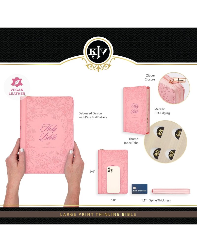 Sunrise Pink Faux Leather Large Print Thinline King James Version Bible with Zippered Closure and Thumb Index