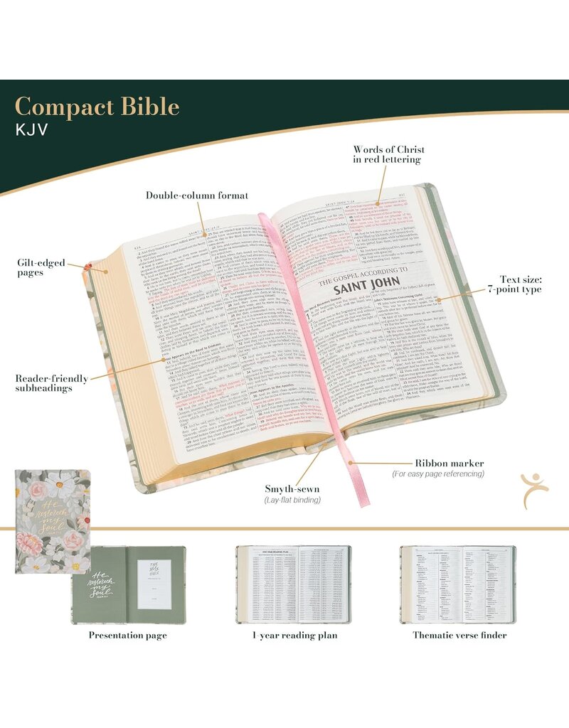 Lichen Gray Floral Faux Leather Hardcover King James Version Bible - Psalm 23:3