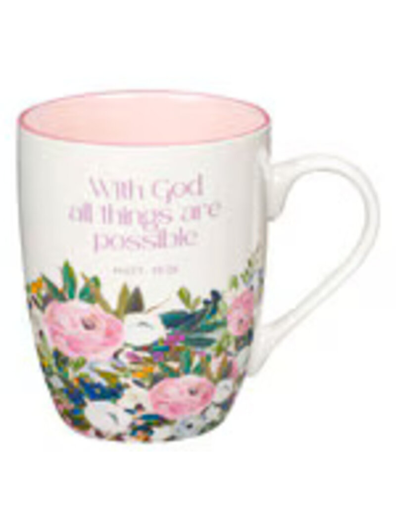With God Things Are Possible Pink Floral Ceramic Coffee Mug - Matthew 19:26