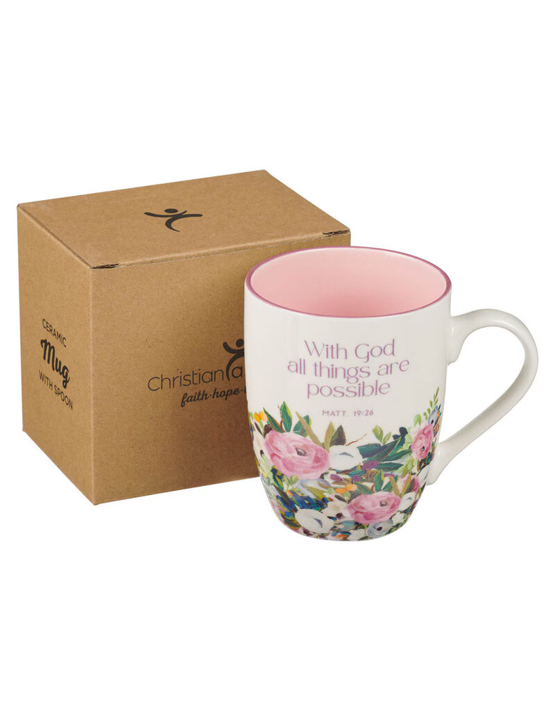 With God Things Are Possible Pink Floral Ceramic Coffee Mug - Matthew 19:26