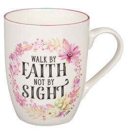 Walk By Faith Not Sight Pink Wreath Ceramic Coffee Mug - 2 Corinthians 5:7