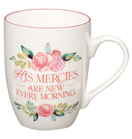 His Mercies are New Pink Peonie Ceramic Coffee Mug - Lamentations 3:22-23