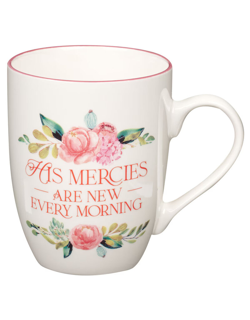 His Mercies are New Pink Peonie Ceramic Coffee Mug - Lamentations 3:22-23