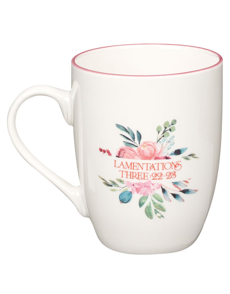 His Mercies are New Pink Peonie Ceramic Coffee Mug - Lamentations 3:22-23