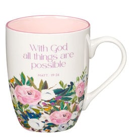 With God Things Are Possible Pink Floral Ceramic Coffee Mug - Matthew 19:26