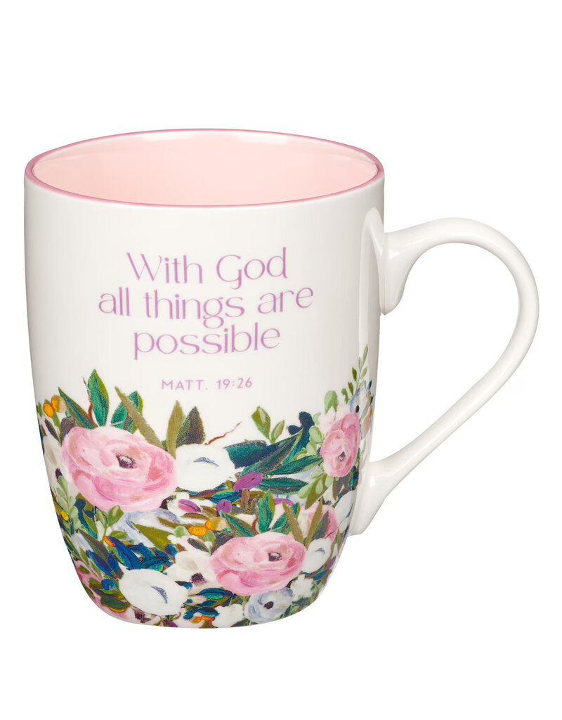 With God Things Are Possible Pink Floral Ceramic Coffee Mug - Matthew 19:26