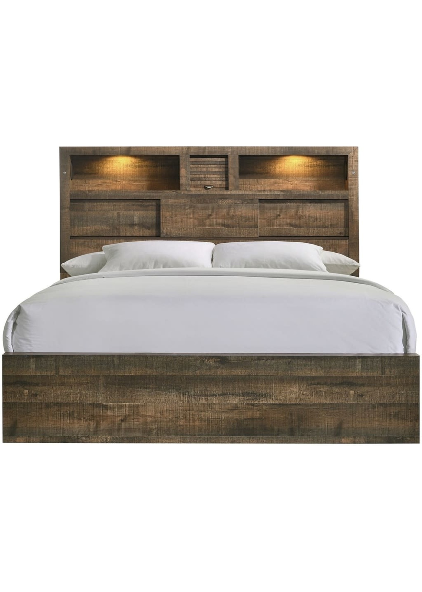 ELEMENTS KING BED BAILEY DRIFT FINISH STORAGE HEADBOARD WITH LIGHTS & SPEAKERS