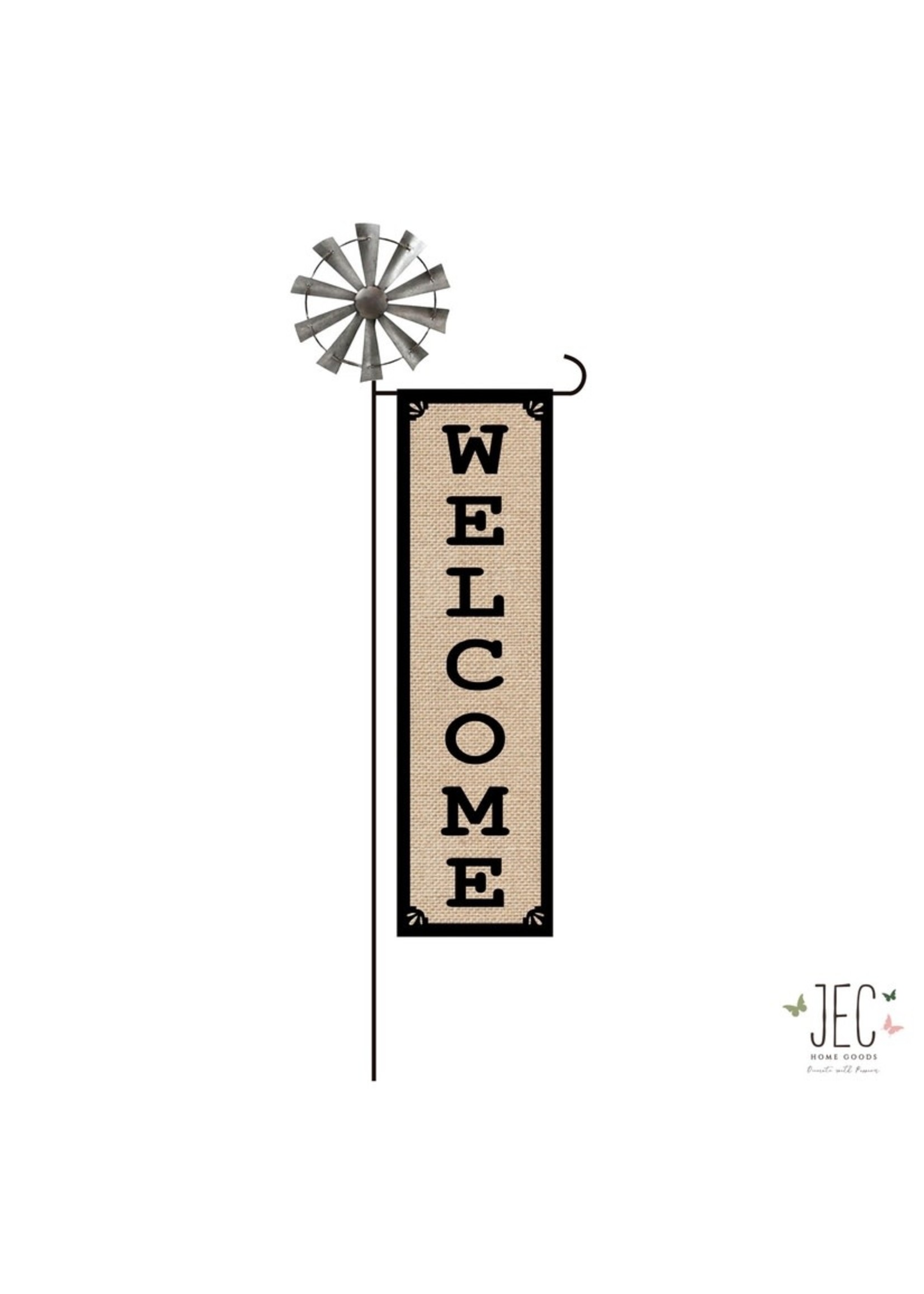 JEC HOME GOODS WINDMILL GARDEN FLAG STAND WITH WELCOME BURLAP FLAG
