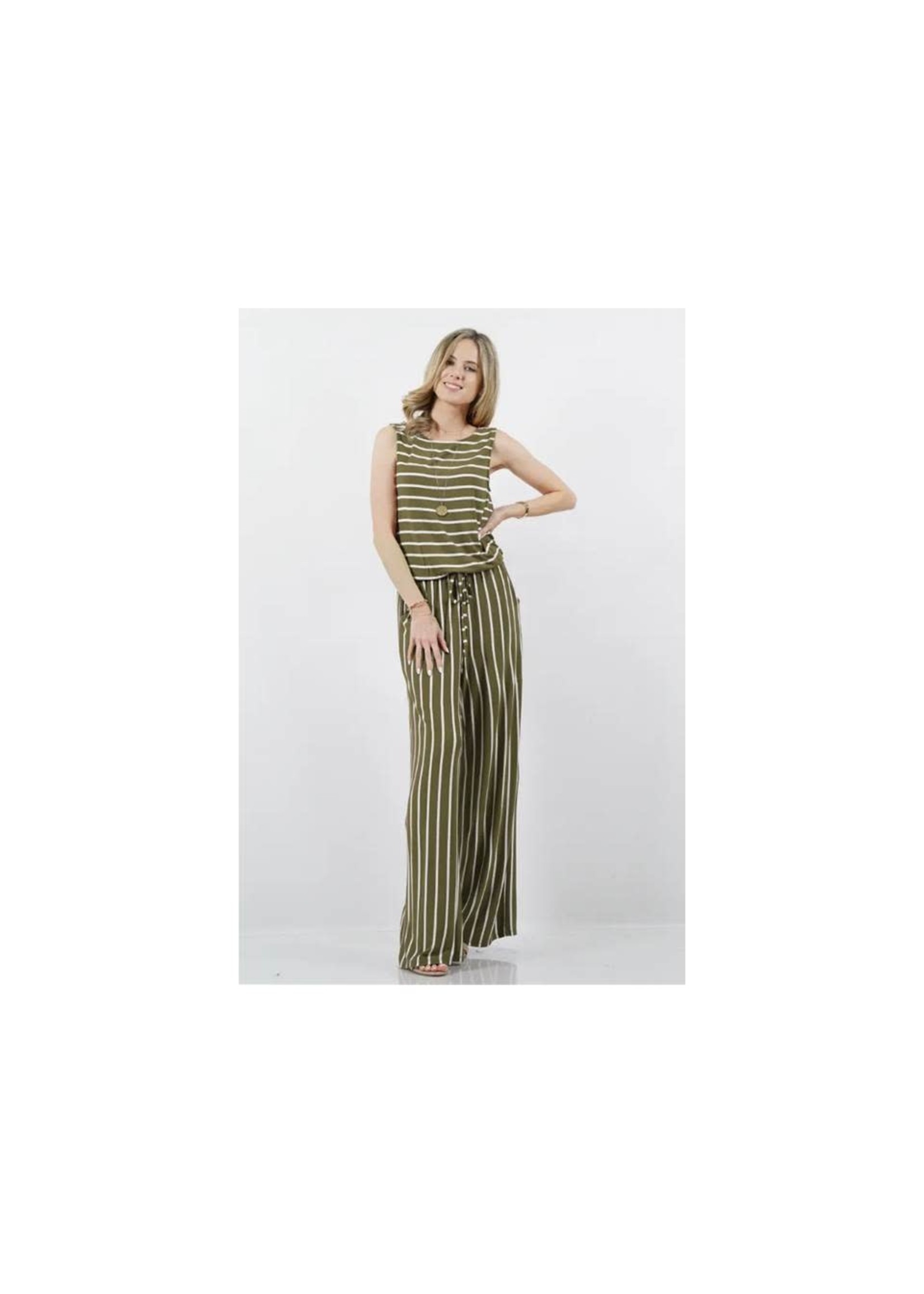 42 POPS SI-16239 STRIPE SLEEVLESS JUMPSUIT WITH POCKETS /DUSTYOLIVE/IVORY-XL