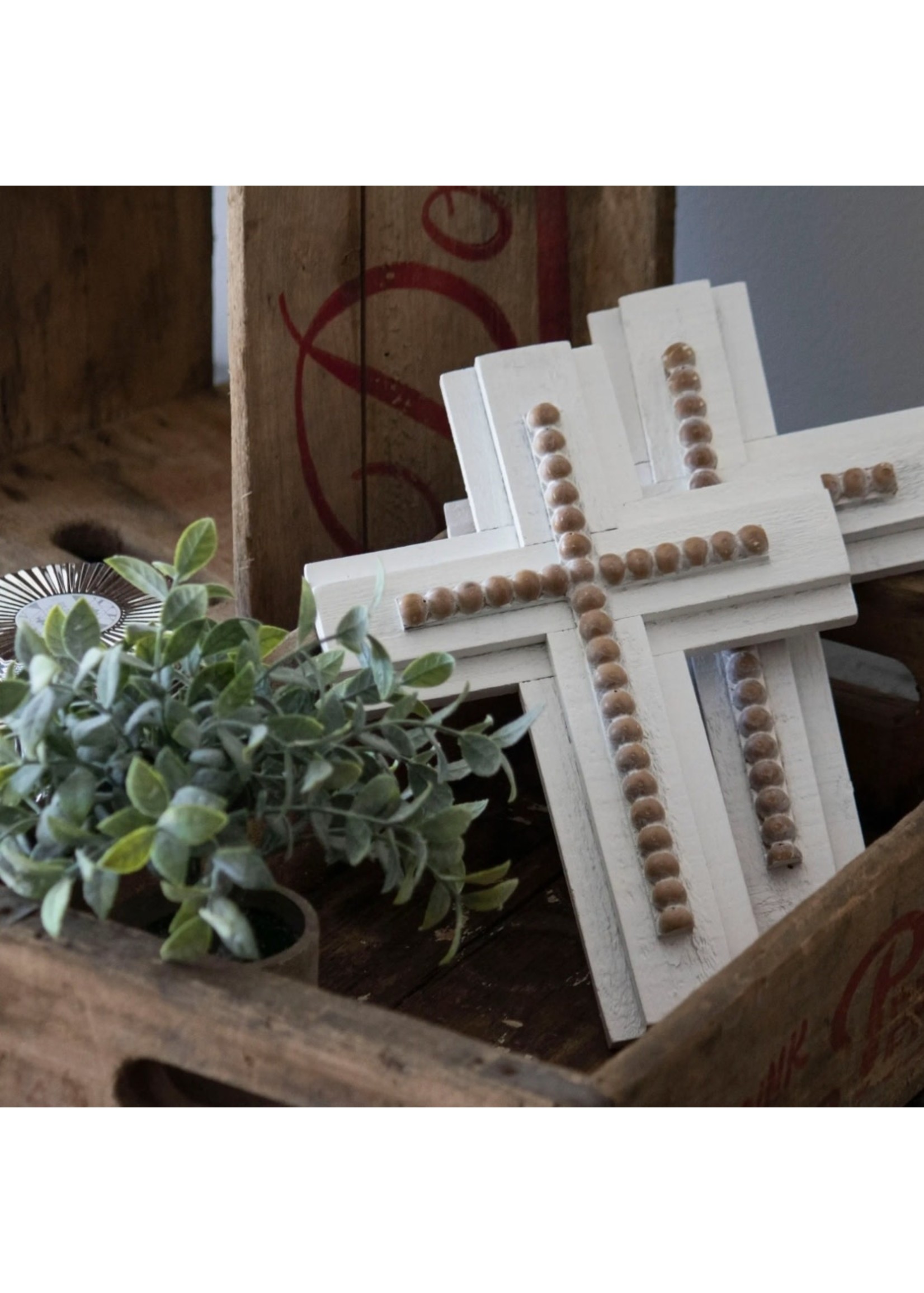 FORESIDE HOME & GARDEN FWAD09137 WHITE WOOD AND BEAD CROSS