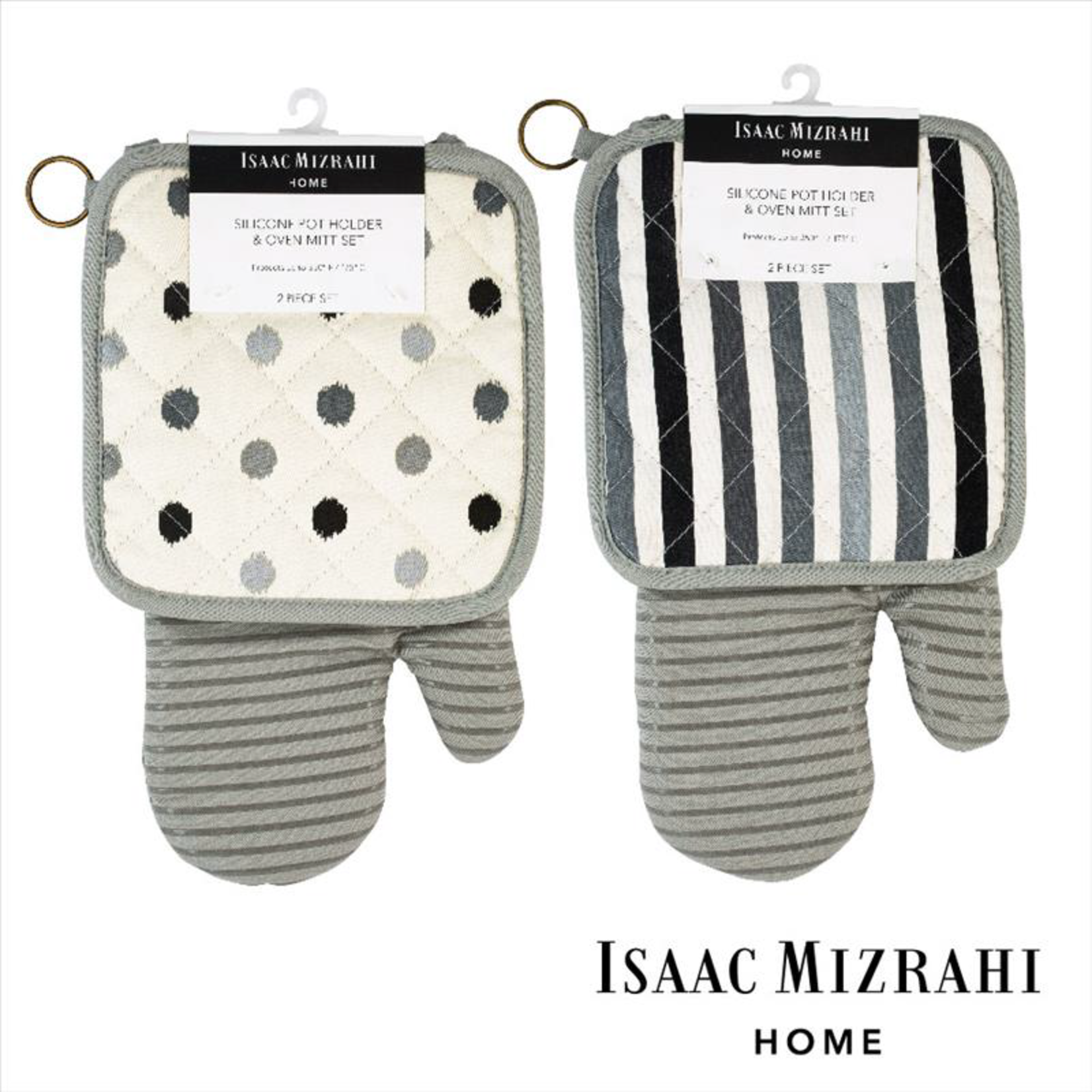 2pc Printed Cotton Twill/Rubber Oven Mitt & Pot Holder Set w/ Silver Ring - GREY AST