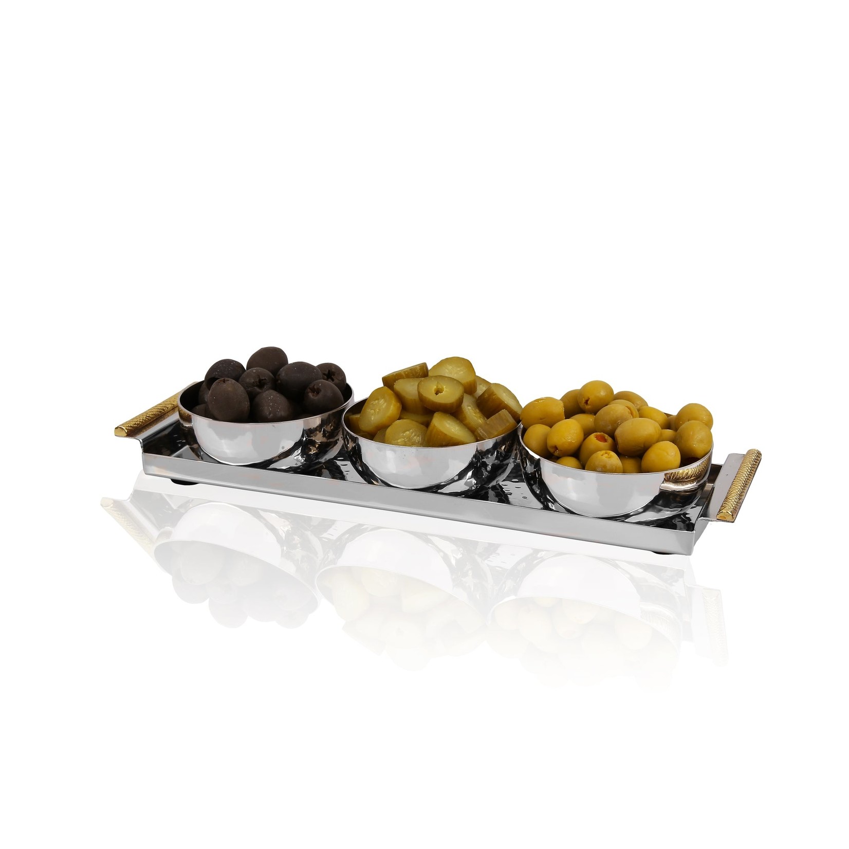 TWS SPRT59 3 Bowl Relish Dish w Rectangle Tray and Gold Handles, Goldtone Collection- 12"L