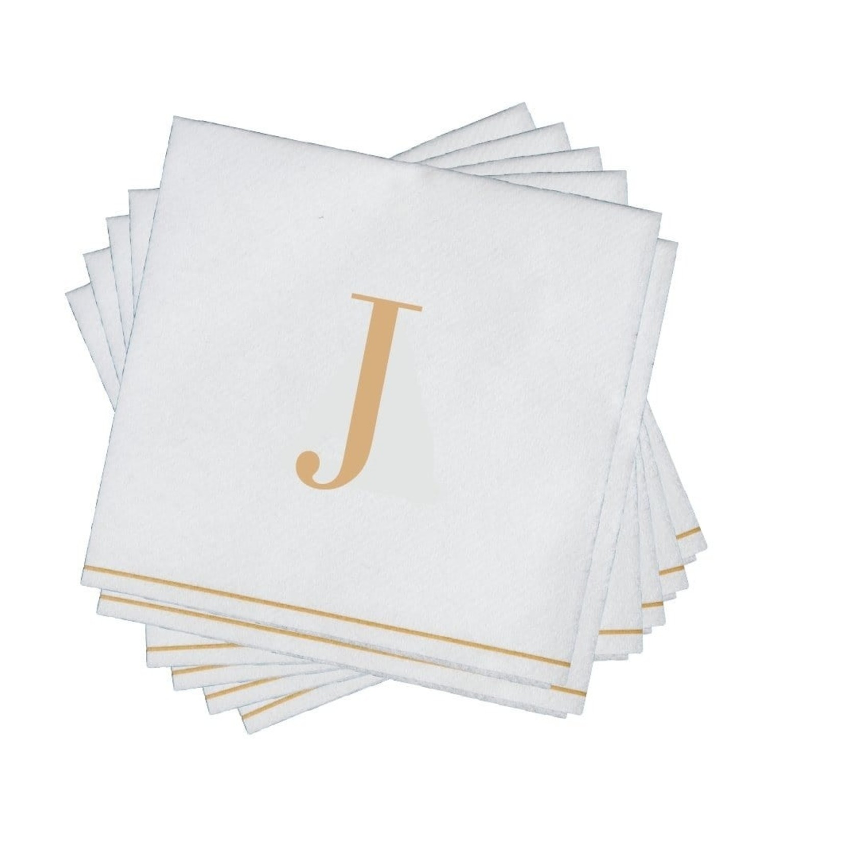 TWS 16 PK White and Gold Cocktail Paper Napkins  - Letter J