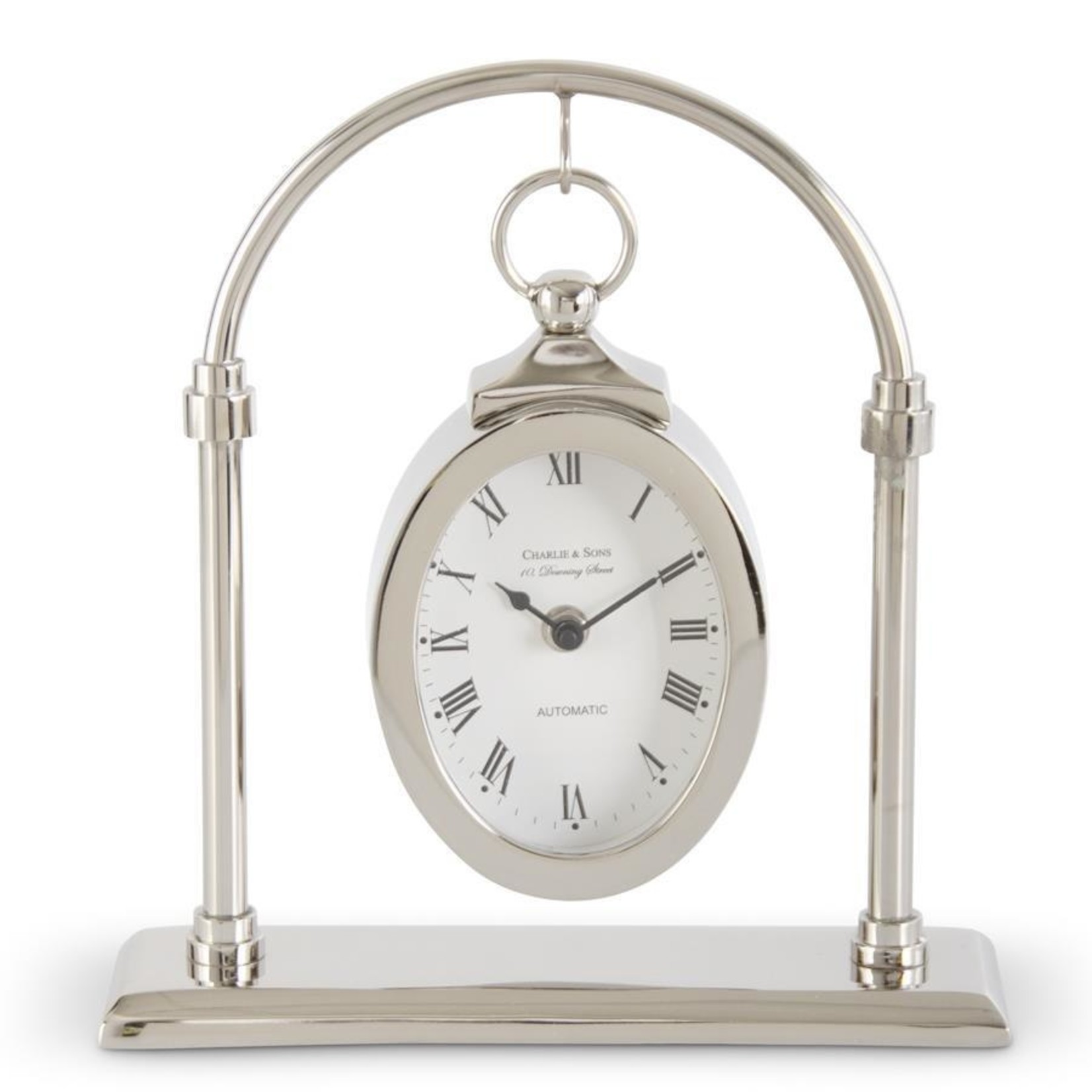 17523A 11 Inch Silver Oval Hanging Clock w/Arch Stand